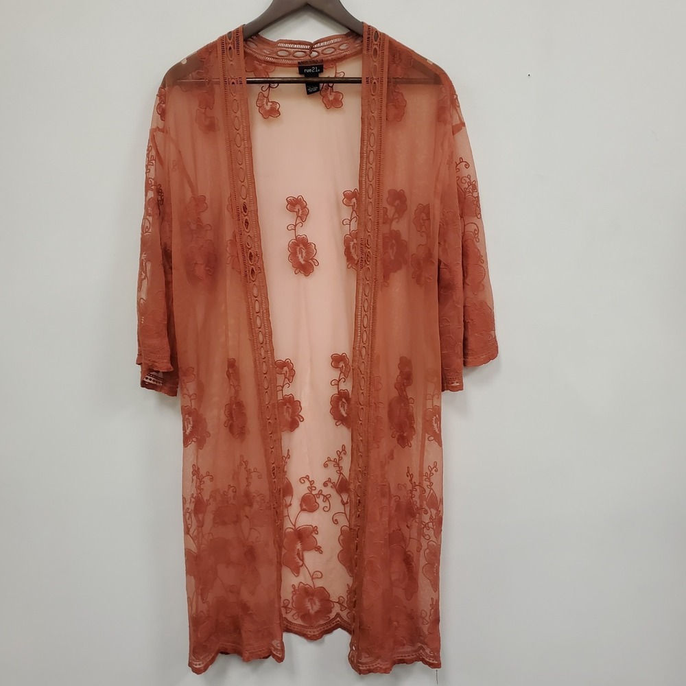 Rue 21 Sheer Floral Kimono Top Size L Pink Long Coachella‎ Festival Whimsigoth